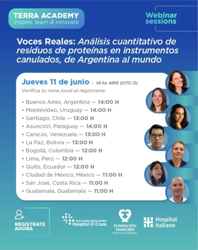 Afiche del webinar Terra Academy sobre análisis cuantitativo de residuos de proteínas en instrumentos canulados